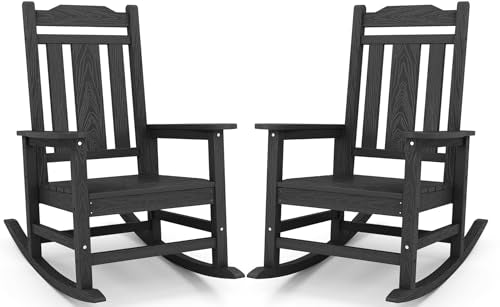 SERWALL Black Outdoor Rocking Chair Set of 2, All Weather Patio Rocking Chair, HDPE Poly Rocking Chair for Adults