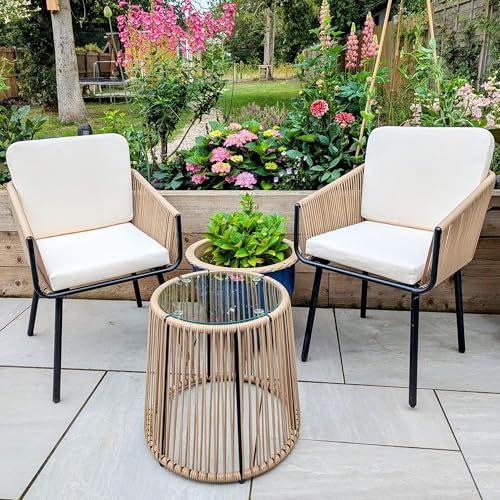 Yaheetech 3 Piece Patio Rattan Bistro Set, Outdoor All Weather PE Wicker Conversation Furniture Set with 2 Chairs & Tempered Glass Top Table & Cushions, for Poolside/Porch/Garden/Yard, Tan/Cream