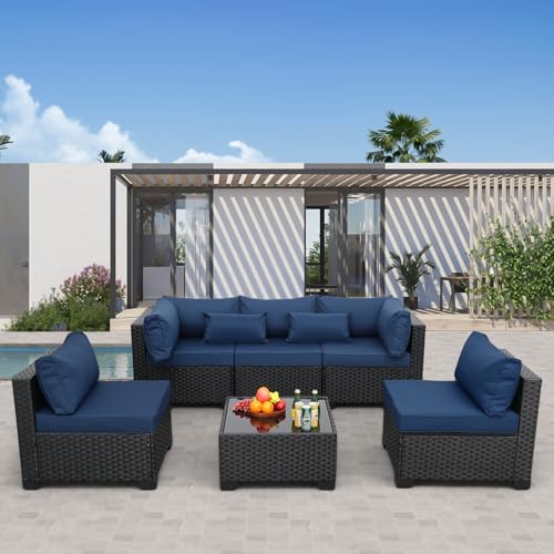 Rattaner Patio Sectional 6 Pieces All-Weather Wicker Patio Furniture Set Outdoor Sectional with Glass Table Non-Slip Cushions