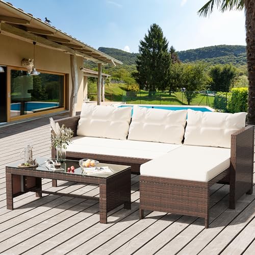 Shintenchi 3-Piece Outdoor Patio Furniture Sets, Wicker Patio Conversation Sets