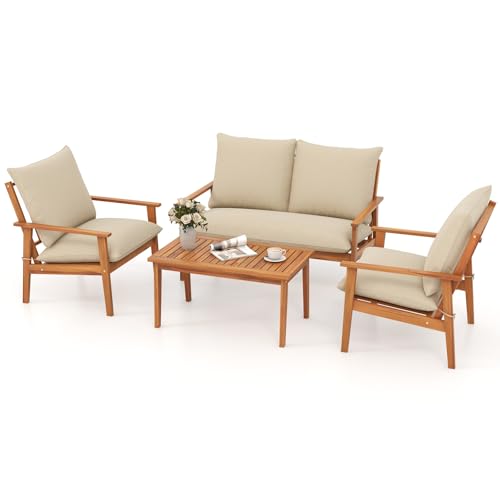 Tangkula outdoor patio conversation furniture with acacia wood seating, cushions, and coffee table.