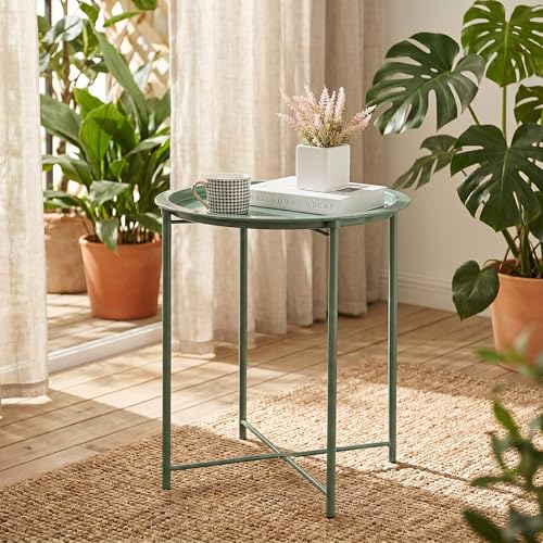 VECELO Side/End Table, Folding Round Metal Anti-Rust and Waterproof Outdoor or Indoor Tray for Living Room Bedroom Balcony and Office, 2 PCS, Dark Green