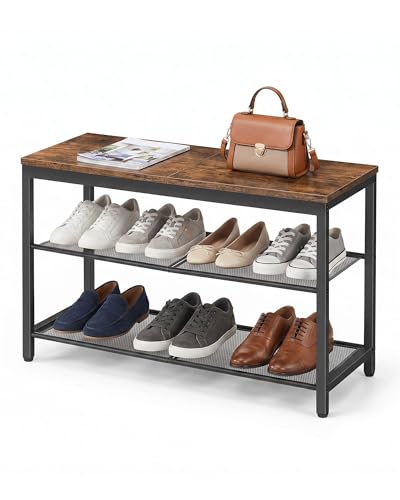 HOOBRO Shoe Bench, 3-Tier Shoe Rack, Industrial Shoe Organizer Storage Bench, 29.5 inches Entry Bench with Mesh Shelves