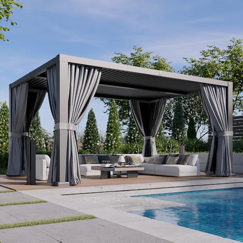 Aoxun Louvered Pergola 12' x 16' Aluminum Outdoor Pergola with Independent Adjustable Roofs, Curtains and Netting