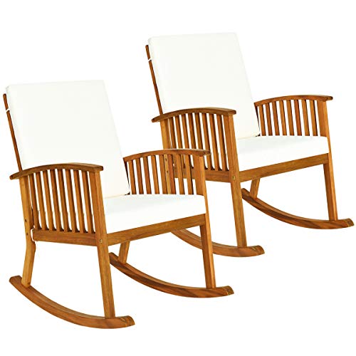 Tangkula 2 PCS Outdoor Acacia Wood Rocking Chair, Wooden Rocker w/Detachable Washable Cushions
