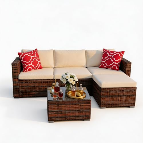 GarveeTech 5 Pieces Patio Furniture Set, All Weather Wicker Rattan Sectional Sofa