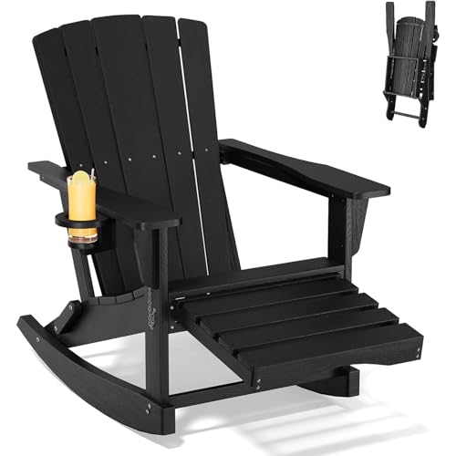 Polyhouz Adirondack Rocking Chair with Retractable Ottoman, Outdoor Folding Adirondack Chair with Cup Holder
