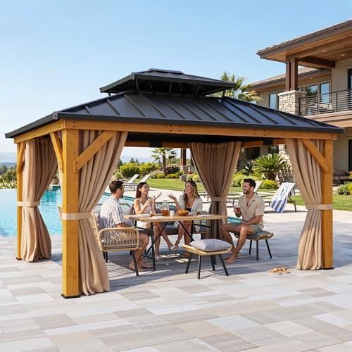 YITAHOME 13X15 Wood Gazebo Hardtop with Nettings and Curtains