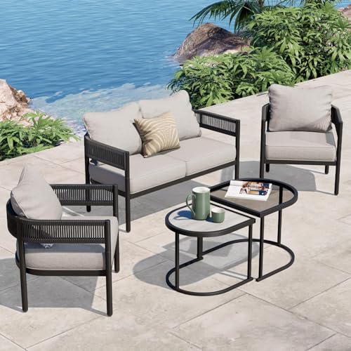 Grand patio 5-Piece Outdoor Furniture Set, 4 Seats Wicker Sofa Conversation Set with Thick Cushions and Coffee Table