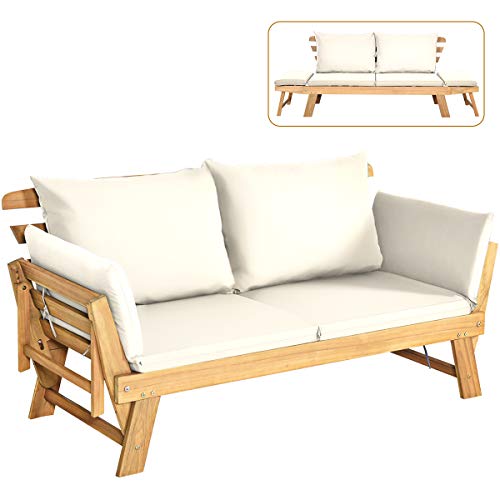 Tangkula Convertible Acacia Wood Patio Couch Sofa Bed with Adjustable Armrest, Outdoor Daybed with Cushion & Pillows
