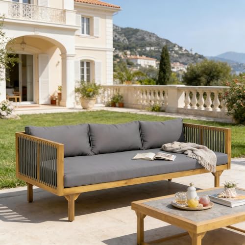 Merax Acacia Wood Outdoor Patio Loveseat Sofa w/Coushion and & Light Brown Rope, 3-Seater Sofa Daybed for Backyard, Lawn
