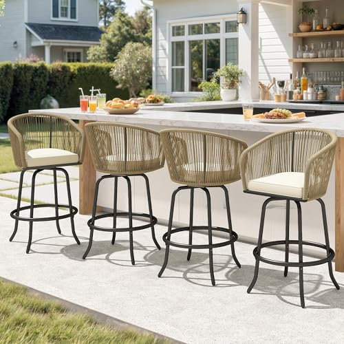 DWVO Outdoor Counter Height Bar Stools Set of 4, Patio Swivel Bar Chairs with Soft Cushions, 360° Rotation