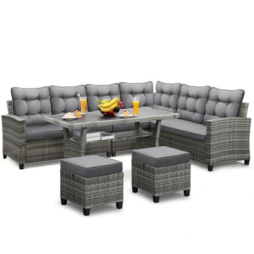 KROFEM 6-Piece Patio Furniture Set, Outdoor Sectional Sofa with Dining Table & Chairs