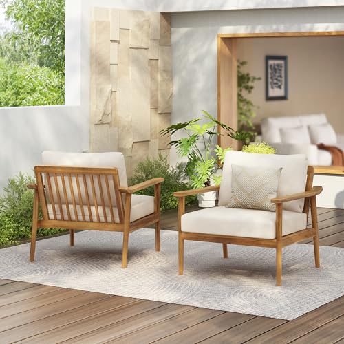 Christopher Knight Home Batis Acacia Wood Lounge Chair Outdoor Set of 2, Wooden Patio Accent Chair Set