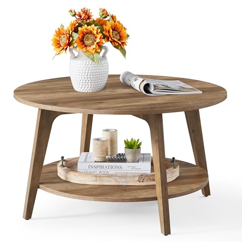 VASAGLE MAEZO Collection - Round Coffee Table, 2-Tier Center Table with Storage, Tapered Legs, Curved Transitions