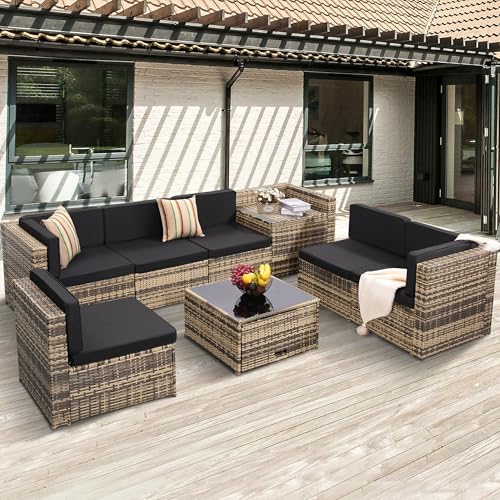 KROFEM 8-Piece Patio Furniture Set, Outdoor Wicker Rattan Sectional with Thick Cushions, Glass Top Table with Hidden Storage