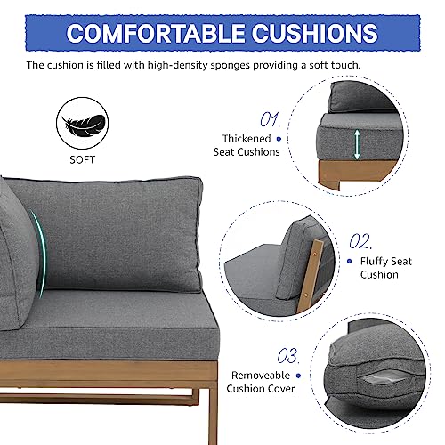 Soleil Jardin 4 Piece Acacia Wood Patio Furniture L-Shaped Outdoor Sectional Sofa Set with Coffee Table, FSC Certified Conversation Set with Built-in Side Table and Grey Cushions for Garden