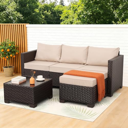 Rattan Star Patio Furniture Set 3 Piece Outdoor Sectional Sofa Set with Wicker Couch, Ottoman