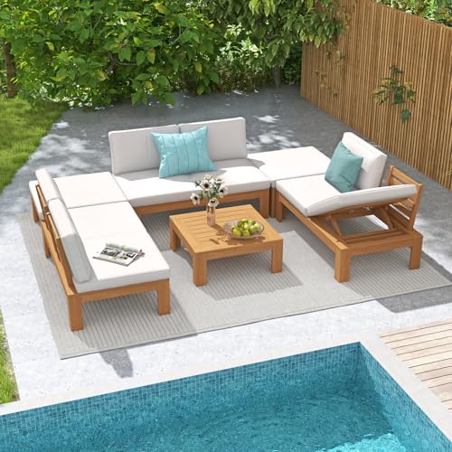 SUNSITT 6 Piece Acacia Wood Patio Furniture Outdoor Sectional Sofa Set with Adjustable Armrest