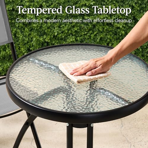 Best Choice Products 3-Piece Patio Bistro Dining Furniture Set w/Glass Tabletop, 2 Folding Chairs, Steel Frame, Polyester Fabric - Gray