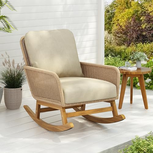 Christopher Knight Home Nadine Patio Rocking Chair, Wicker Rocker, Wood Leg Rocking Chair, PE Rattan Wicker Chair