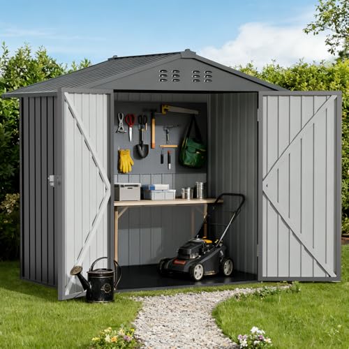 COMHOMA 6'x4' Shed Outdoor Storage Metal, Weatherproof Garden Utility Tool House with Lockable Doors & Adjustable Shelving