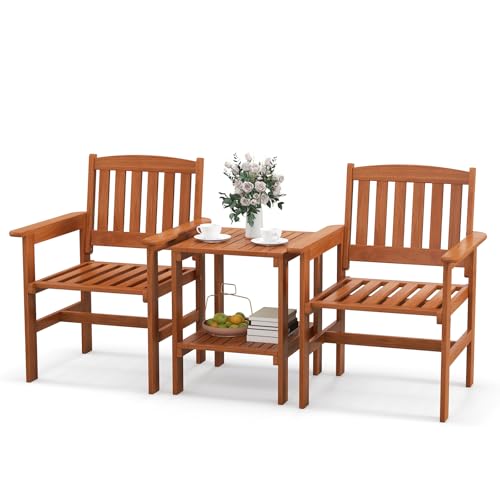 Tangkula 3 Piece Patio Conversation Set, Outdoor Wood Conversation Seat with Table and Umbrella Hole