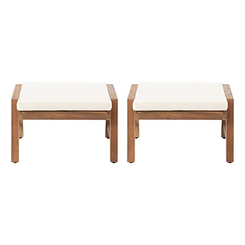 Temecula Outdoor Ottomans with Cushion (Set of 2) - Acacia Wood - Brown/Cream