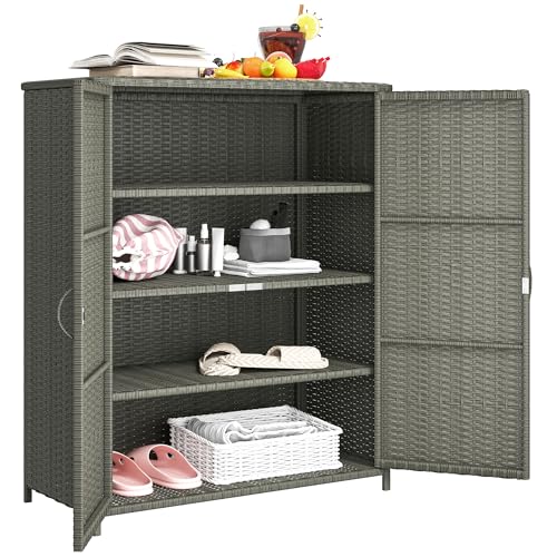 Outsunny Wicker Outdoor Storage Cabinet with Shelves, 4-Shelf Outdoor Pool Towel Cabinet with Two Doors