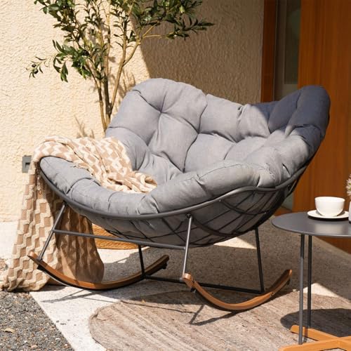 Grand patio Outdoor Rocking Chair, Oversized Papasan Rocking Chair with Thick Cushion, Indoor Outdoor Cozy Rocker for Balcony