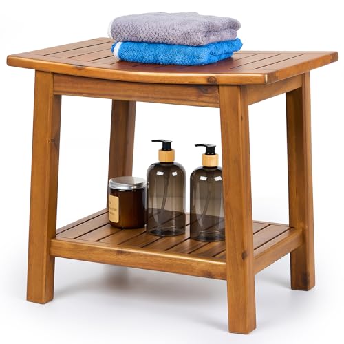 Upolana Teak Shower Bench, 20" Solid Wood Shower Stool Waterproof Shower Seat with Storage Shelf for Bathroom
