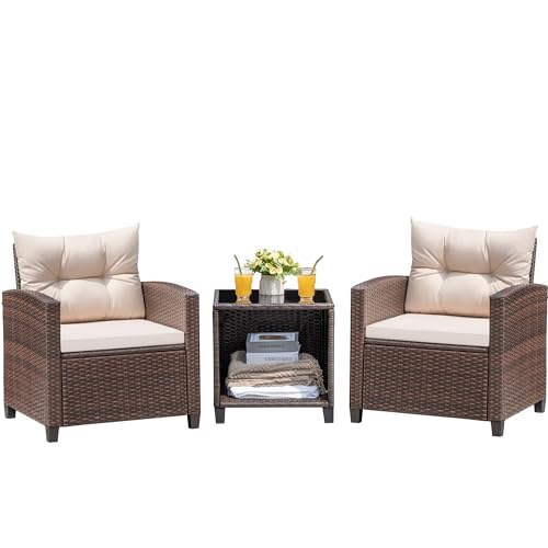 Devoko 3 Pieces Patio Furniture Set, PE Rattan Wicker Patio Set with Two Outdoor Chairs and Table