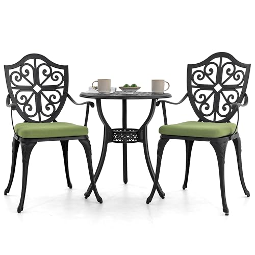 NUU GARDEN Outdoor 3-Piece Bistro Set with Cushions, Round 24 Inch Cast Aluminum Bistro Table with 2.17" Umbrella Hole