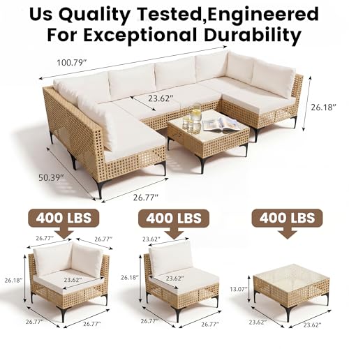 Devoko Patio Furniture Set,7 Pieces Outdoor Wicker Sectional Couch with Thick Cushions &Glass Tabletop, PE Rattan Backyard Conversation Sofa with Coffee Table for Deck, Porch