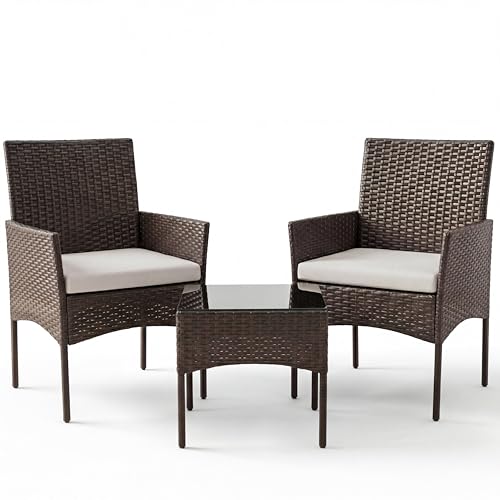 Sweetcrispy 3 Piece Patio Furniture Set, All-Weather Outdoor Conversation Set with Removable Cushions & Tempered Glass Table