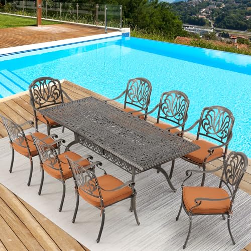 [Hi-End]Cast Aluminum Patio Furniture Set 9-Piece Outdoor Dining Set Includes 86.6’’ Rectangular Patio Table with Umbrella Ho