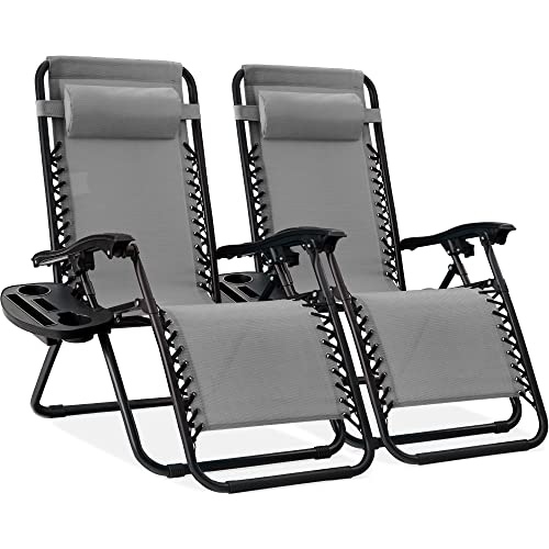 Best Choice Products Set of 2 Adjustable Steel Mesh Zero Gravity Lounge Chair Recliners w/Pillows and Cup Holder Trays - Ice