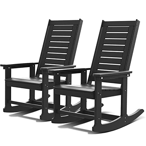 GREENVINES Outdoor Rocking Chairs | Set of 2 | Porch Rocker | HDPE Plastic | Black | Oversized Rockers | High Back | Big & Ta