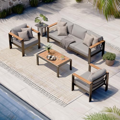 Oasbira Aluminum Outdoor Patio Furniture Set with Coffee Table, 4 Piece Patio Conversation Sets with Washable Thick Cushions