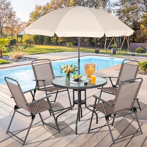 Vongrasig 6 Pieces Folding Patio Dining Set, All Weather Small Metal Outdoor Table and Chair Set