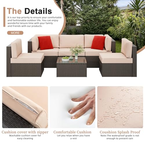 Shintenchi 6 Pieces Patio Furniture Sets Outdoor All-Weather Sectional Patio Sofa Set PE Rattan Manual Weaving Wicker Patio Conversation Set with Glass Table&Ottoman Cushion and Red Pillows, Beige