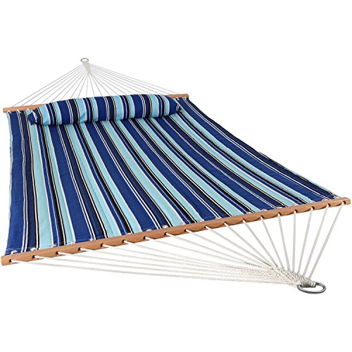 Sunnydaze Quilted Double Hammock for Outside with Spreader Bars and Pillow - 450 lb Capacity, 74x55 Inch Bed, UV Resistant