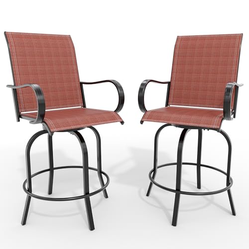 Outdoor Swivel Bar Stools Set of 2, Bar Height Patio Chairs with High Back & Armrest