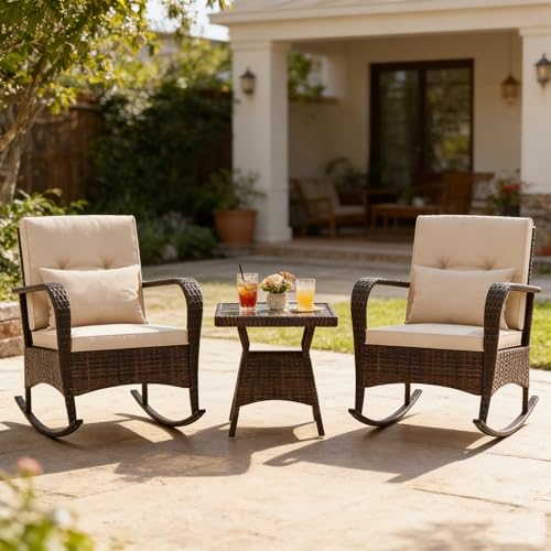 COSTWAY Outdoor Rocking Chairs Set of 2, 3 Piece PE Wicker Patio Bistro Set with Coffee Table & Thick Cushions