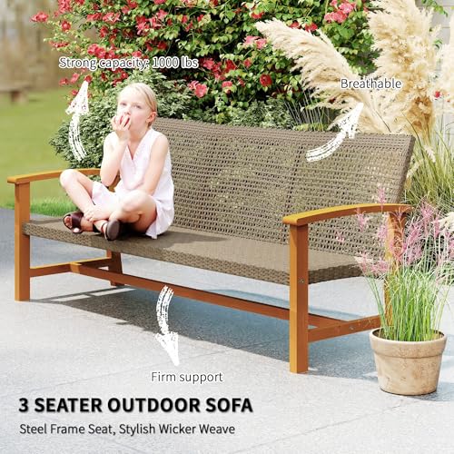 Outsunny Wicker Outdoor Couch, 3-Seat Rattan Outdoor Patio Sofa, 1000 lbs. Capacity, Acacia Wood Patio Furniture Couch with Steel Seat and Armrests for Backyard, Porch, Teak