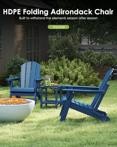 GREENVINES Folding-Adirondack-Chairs-Set-of-2 | HDPE Plastic | Fire Pit Chair | All Weather | Cup Holder | Blue | for Deck Backyard Patio Outdoor Garden