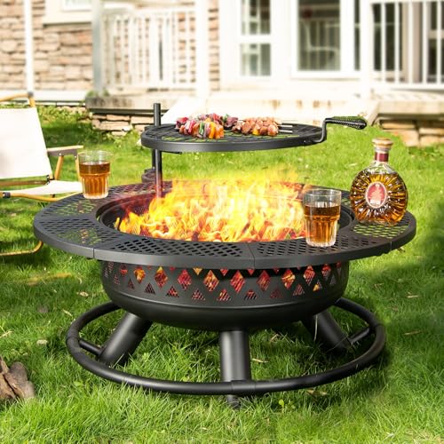 Panovue 36 Inch Fire Pit with Grill, Wood Burning Fire Pits for Outside with Lid& Fire Poker
