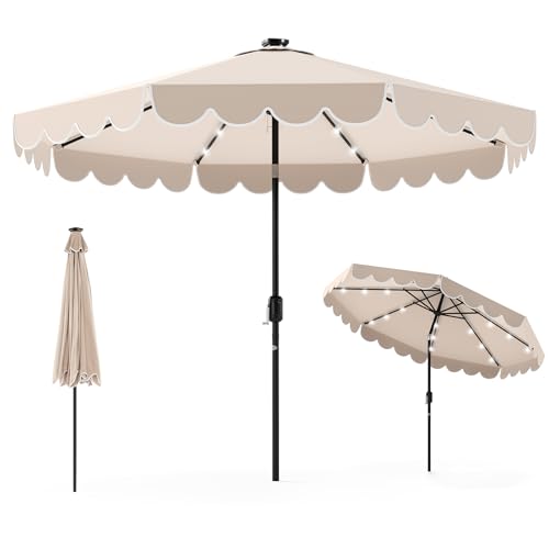 Tangkula 9 FT Solar Patio Umbrella, 2-Tiers Scalloped Outdoor Table Market Umbrella with 32 LED Lights, Vented Top