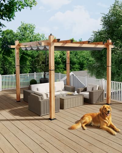 KYBOLT 10x10 Ft Outdoor Pergola Aluminum Pergola with Retractable Canopy Wood-Grain Sun Shade Shelter for Garden Patio Backya