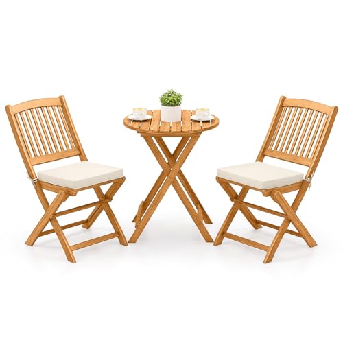 Tangkula 3 Pieces Acacia Wood Patio Folding Bistro Set, Outdoor Table and Chairs Set with Soft Cushions